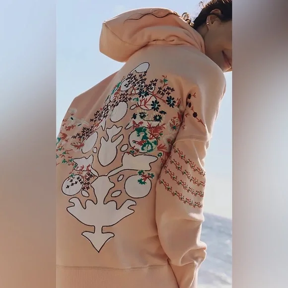 NWT Free People FP Movement At My Best Embroidered Hoodie Pastel peach combo - L - Picture 3 of 8